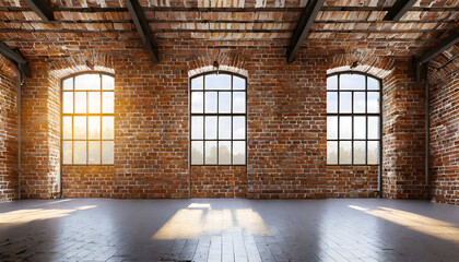Wall Mural - Empty, loft industrial grunge interior. Old brick walls and big windows. Interior concept. Generative AI.