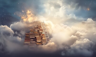 Wall Mural - A ladder in front of a tall stack of books that pierced the clouds in the sky. generative AI