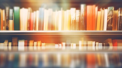 Wall Mural - A row of various kinds of books with a library background photographed with a blur effect. generative AI