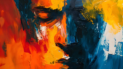 Abstract Painting of a Man's Face with Orangeyellow and Blue