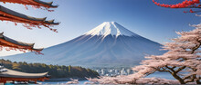 Travel To Japan Concept. Travel Poster With Japan Mount Fuji Extreme Closeup, Vector