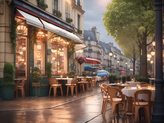 Wall Mural - Paris's cosy restaurants and rainy street scenes, capture the calm and romantic atmosphere of the city.  3d rendering design.