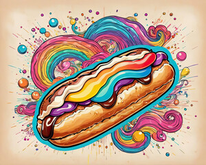 Poster - Colorful Retro Pop Art Illustration of Eclair with Liquid Motion and Swirls of Flavor Gen AI