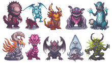 set of monsters in pixel art game style, enemy characters in pixel game, isolated on white