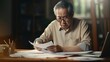 © tashechka - Elderly man with glasses reviewing documents attentively, surrounded by pens and a laptop in a home setting.
