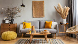 Fototapeta  - The stylish boho compostion at living room interior with design gray sofa, wooden coffee tab. Generative AI.