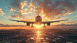 Capturing the dynamic moment of an airplane's sunset landing, the sky painted with hues of a fading day - AI Generative