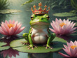 Frog Prince wearing a crown Frog in a green pond, surrounded by nature, water, and vibrant wildlife, with a cute tree frog perched on a leaf, showcasing its red eye in a close-up shot