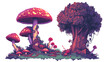 mushroom forest in pixel art style, pixel art style game, pixel art background, isolated on white
