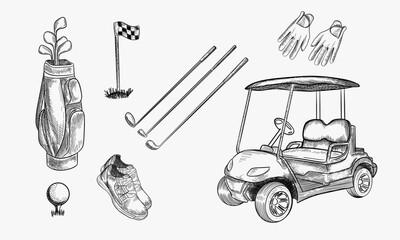 Golf club vector hand drawn icons and design elements set. Golf cart, ball, club, bag and accessories sketch illustration. Outdoor leisure activity stuff