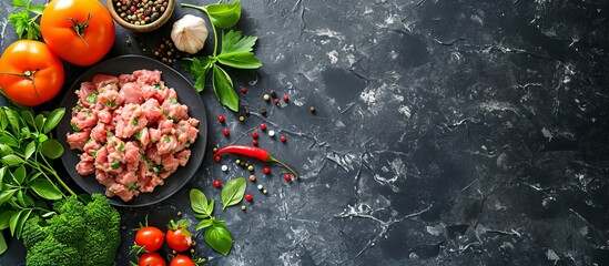 Sticker - Fresh minced pork, organic vegetables, spices, and greens on a stone background with copy space.