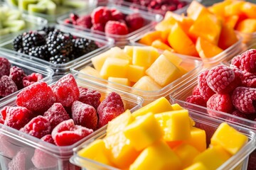 Wall Mural - Assorted fresh fruits in plastic containers, including berries, mango, and melon, arranged for healthy snacking.