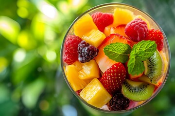 Wall Mural - Fresh fruit salad with mint in a glass bowl against a blurred green background.