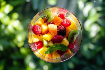 Wall Mural - Top view of a colorful fruit salad with fresh raspberries, kiwi, mango, and mint leaves in a glass bowl with natural lighting.