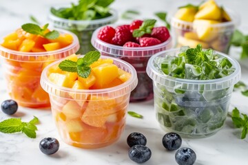 Wall Mural - Assorted fresh fruits and mint in plastic cups on a marble surface, with scattered blueberries. Healthy snack concept.
