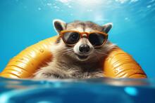 Cute And Happy Lemur In Sungkasses Relax In Swimming Pool With Infantable Ring At The Hotel. Summer Vacation Concept. 3D Render. Poster High Quality.