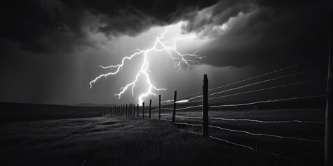 Wall Mural - A striking black and white photo capturing the power and intensity of a lightning bolt. Perfect for adding a dramatic touch to any project
