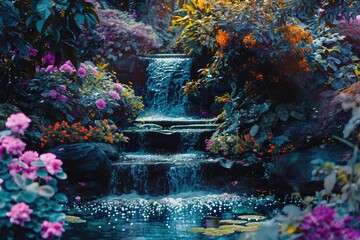 Sticker - A beautiful painting of a waterfall surrounded by vibrant flowers. Perfect for adding a touch of nature and serenity to any space