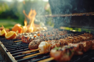 Wall Mural - A detailed view of a grill with meat and vegetables cooking on it. Perfect for food and cooking-related projects