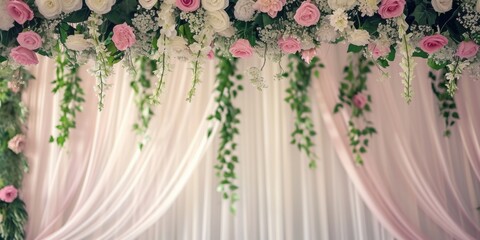 Wall Mural - A beautiful pink and white wedding arch adorned with flowers and greenery. Perfect for adding a touch of elegance to any wedding venue