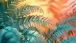 Calming fern fronds in close-up, wavy patterns kissed by warmth and frost.