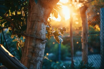 Poster - A beautiful sunset behind a tree with a hammock. Perfect for capturing the tranquil beauty of nature.