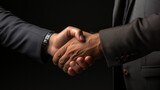 Fototapeta  - Close-up of a business Handshake between a mature hand with grey sleeve and a white mature hand with black sleeve on a dark background