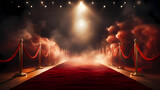 Fototapeta Londyn - Red carpet staircase with smoke and spotlights, holiday awards ceremony event