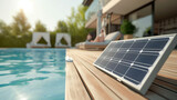 Fototapeta  - Modern solar powered swimming pool pump with visible solar panels and wooden deck , people in blurry backdrop