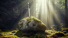 Sword Stuck In A Rock Like In The Excalibur Legend , The Mythical Sword Of King Arthur