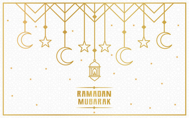 Wall Mural - Realistic Ramadan Mubarak Background with Golden Lantern, Moon And Stars Vector Illustration. Ramadan Kareem Greeting Banner Vector Template Design