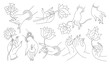 © sorninai - Set of outline hands and flowers. Buddha hands, gestures, religious buddhist symbols. Mudra, lotuses, meditation. Logo design.