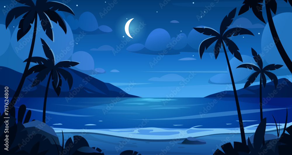 Night sea landscape. Vector illustration of seascape with tropical ...