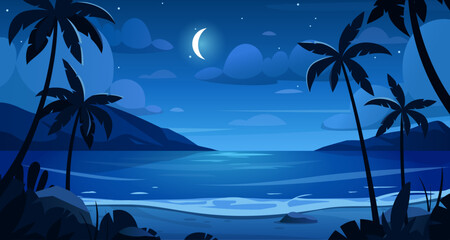 Wall Mural - Night sea landscape. Vector illustration of seascape with tropical island, palm tree, mountains, rock, ocean, sand beach, moon, stars and clouds. Horizon coastline. Dark summer scenic view with ocean