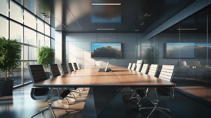 meeting room with a large conference table and large windows view an office.