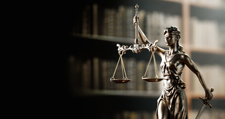 Legal Concept: Themis is the goddess of justice as a symbol of law and order on the background of books