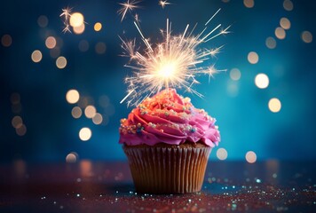 colorful cupcake with sparkler on a blue table