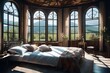 a charming Russian countryside bedroom with a wrought-iron bed, floral accents, and panoramic windows overlooking nature, providing a serene escape