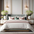 © anmitsu - Modern luxury elegant bedroom with spring vibes with flowers and bed with white sheets. interior decoration. Well-appointed interior design. template.