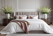 © anmitsu - Modern luxury elegant bedroom with spring vibes with flowers and bed with white sheets. interior decoration. Well-appointed interior design. template.