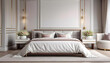 © anmitsu - Modern luxury elegant bedroom with spring vibes with flowers and bed with white sheets. interior decoration. Well-appointed interior design. template.