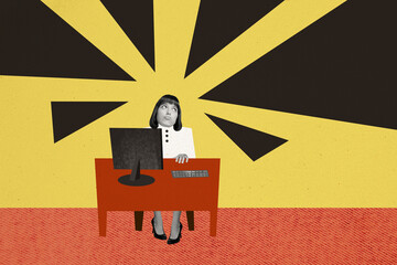 Canvas Print - Creative collage picture young businesswoman sitting computer table thinking plan strategy minded pc monitor busy workflow