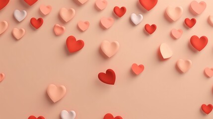 Wall Mural - many red hearts lie on a pale pink background