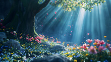 A Field Of Flowers Under A Tree In The Middle Of The Forest, The Atmosphere In The Middle Of The Forest At Night With Moonlight