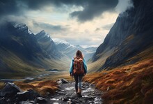 A Woman Wandering In The Mountains In Her Backpack