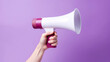 © Clàudia Ayuso - Female hand holding a megaphone on a purple background. Women's rights Day banner. Sale advertisement or announcement.