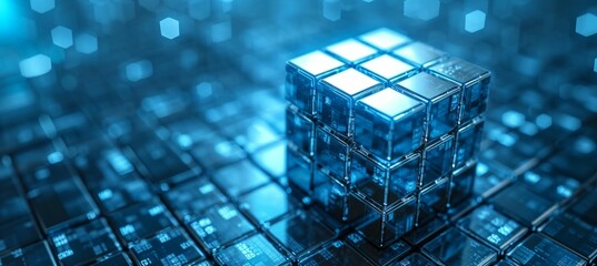 Leinwandbilder - Glow blue cube block. Futuristic digital technology. Generative AI technology.	

