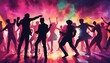 © abu - silhouettes of  people dancing at a crowded party at midnight, colorful lights and smoke at background, dijital painting.