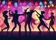 © abu - silhouettes of  people dancing at a crowded party at midnight, colorful lights and smoke at background, dijital painting.