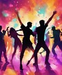 © abu - silhouettes of  people dancing at a crowded party at midnight, colorful lights and smoke at background, dijital painting.